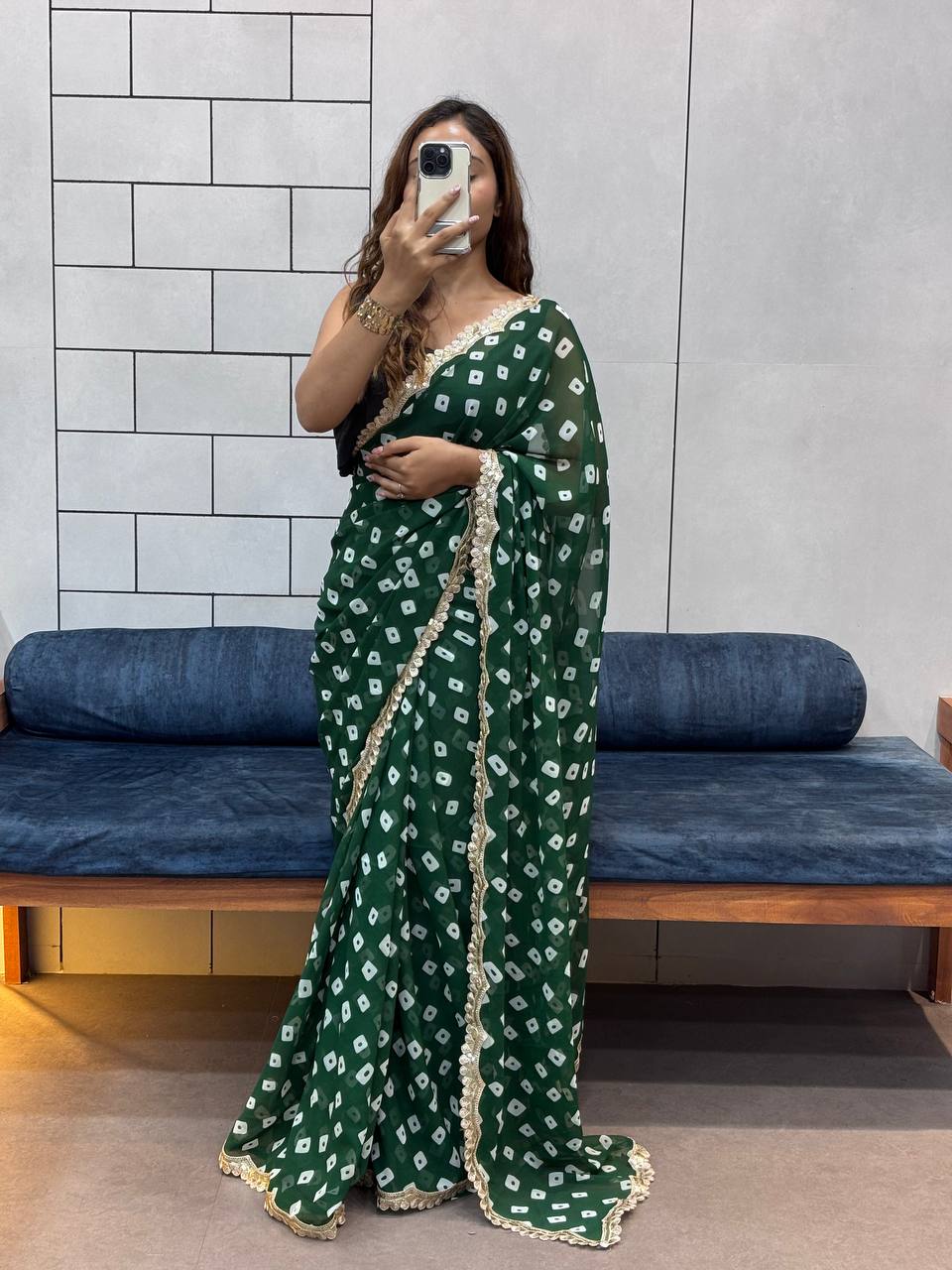 Green Leriya Printed Bandhej Soft Georgette Saree