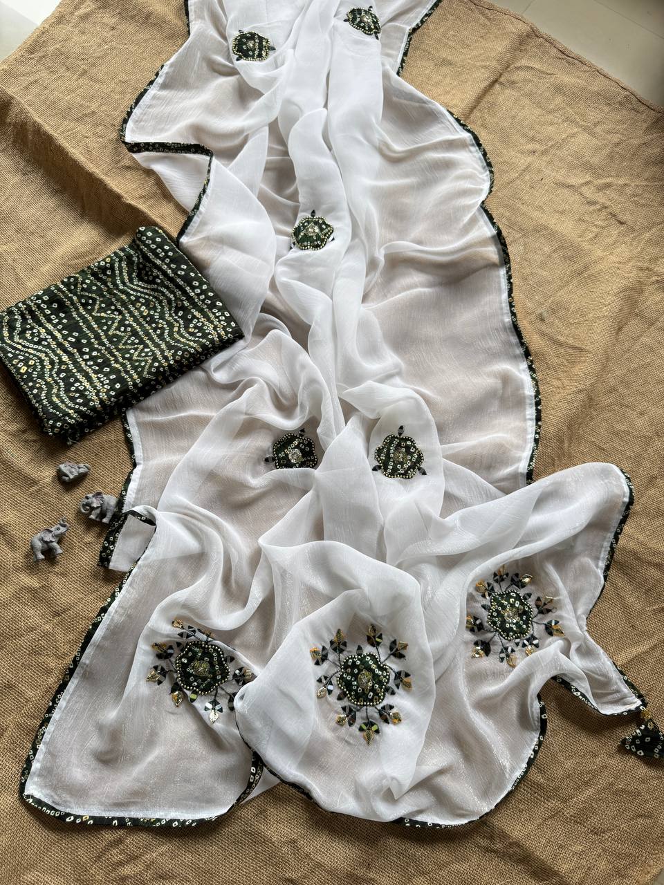 Green Party Wear Designer Chiffon Cunchy Silk Saree