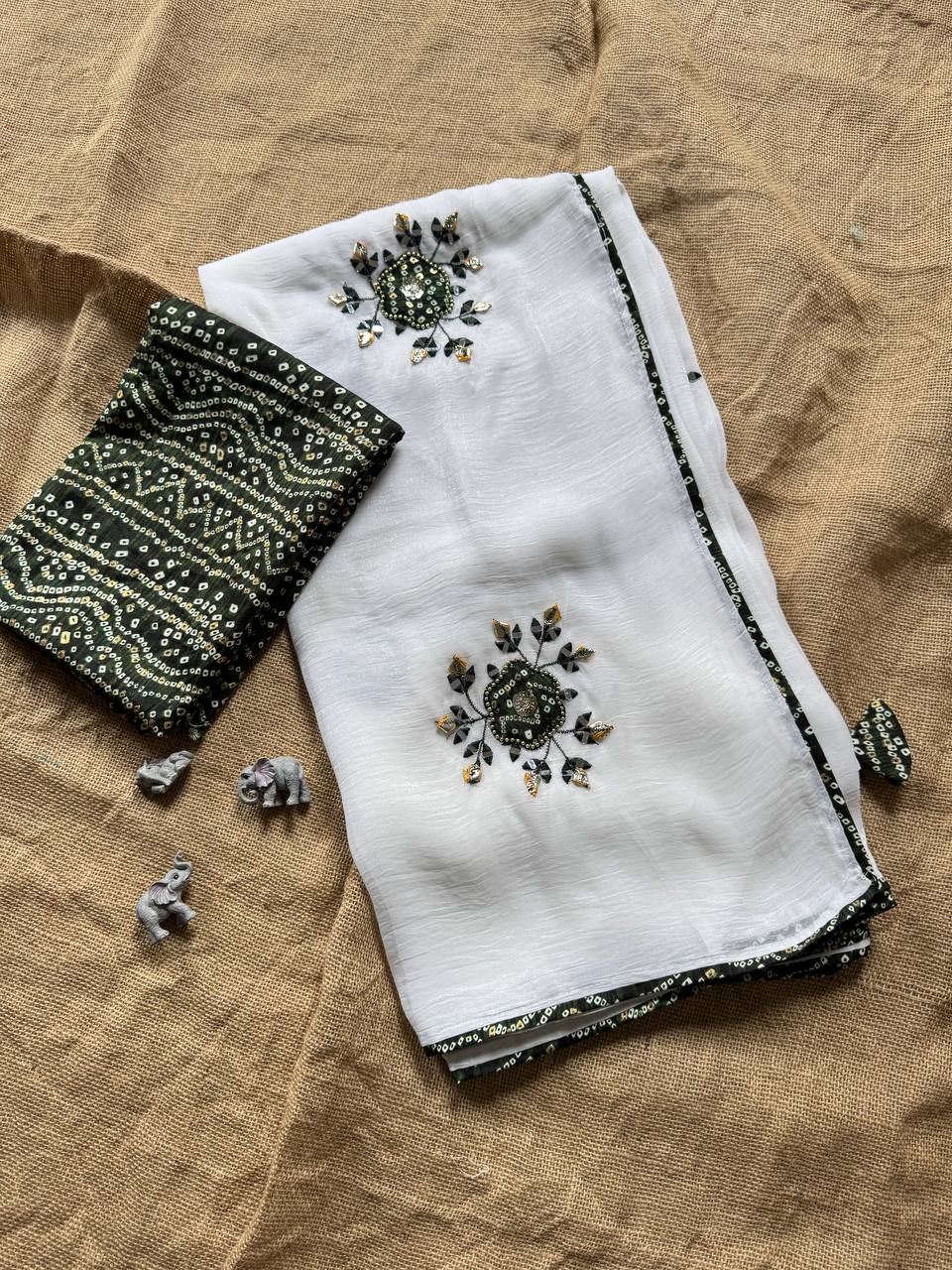 Green Party Wear Designer Chiffon Cunchy Silk Saree