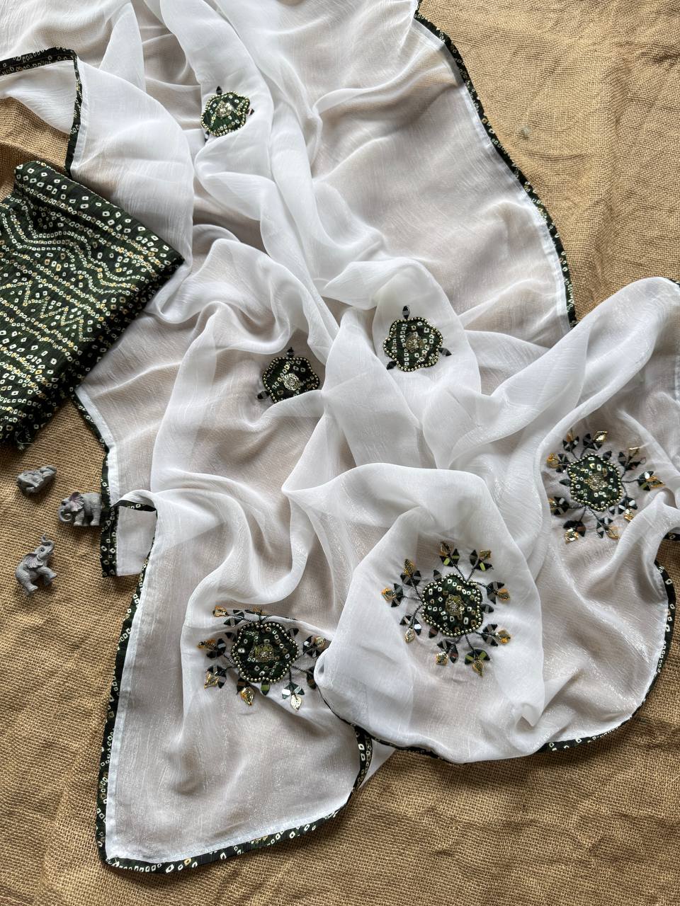 Green Party Wear Designer Chiffon Cunchy Silk Saree