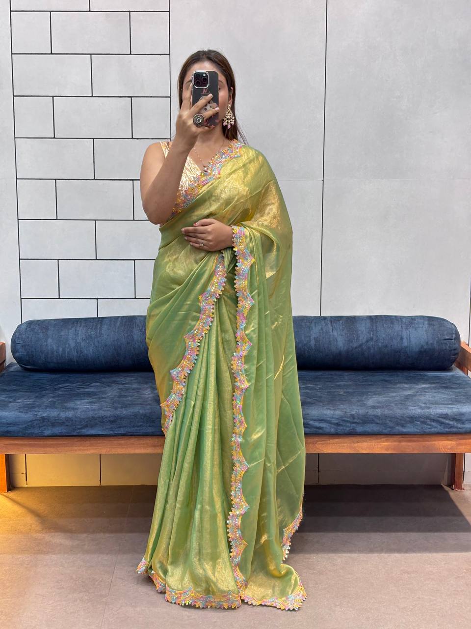 Green Party Wear Two Tone Shiny Space Silk Saree