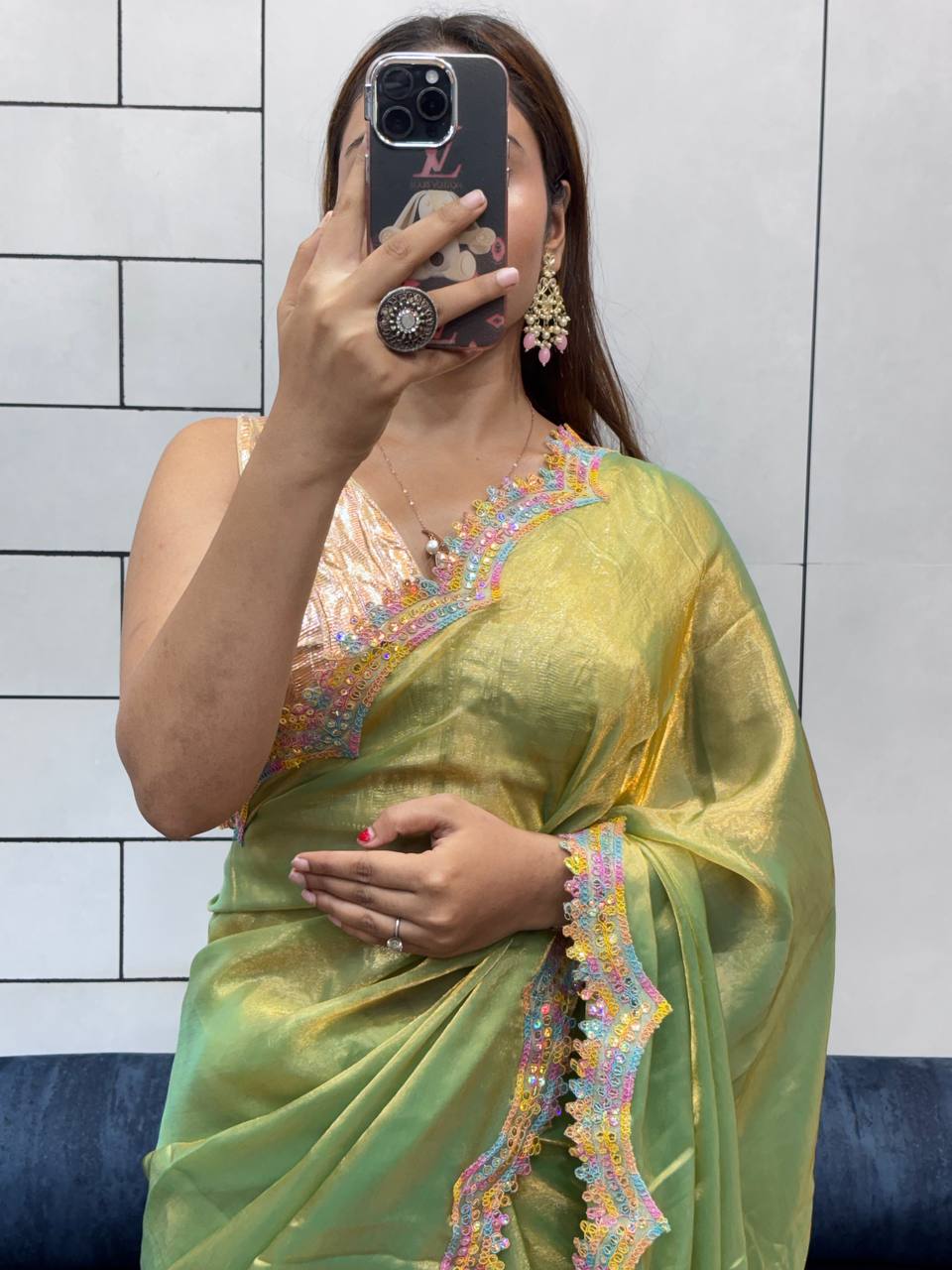 Green Party Wear Two Tone Shiny Space Silk Saree