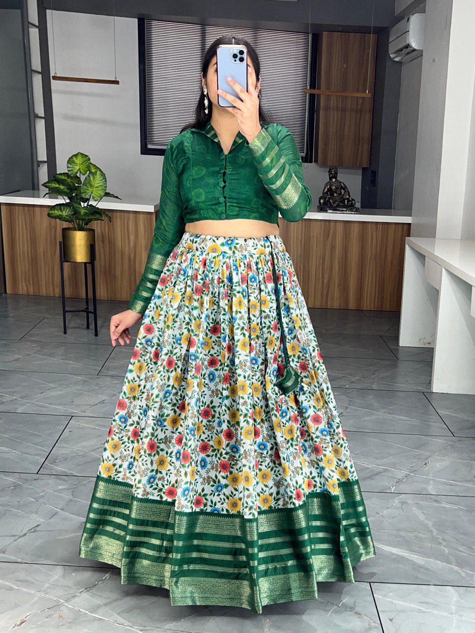 Green Printed Ethnic Silk Co-ord Set