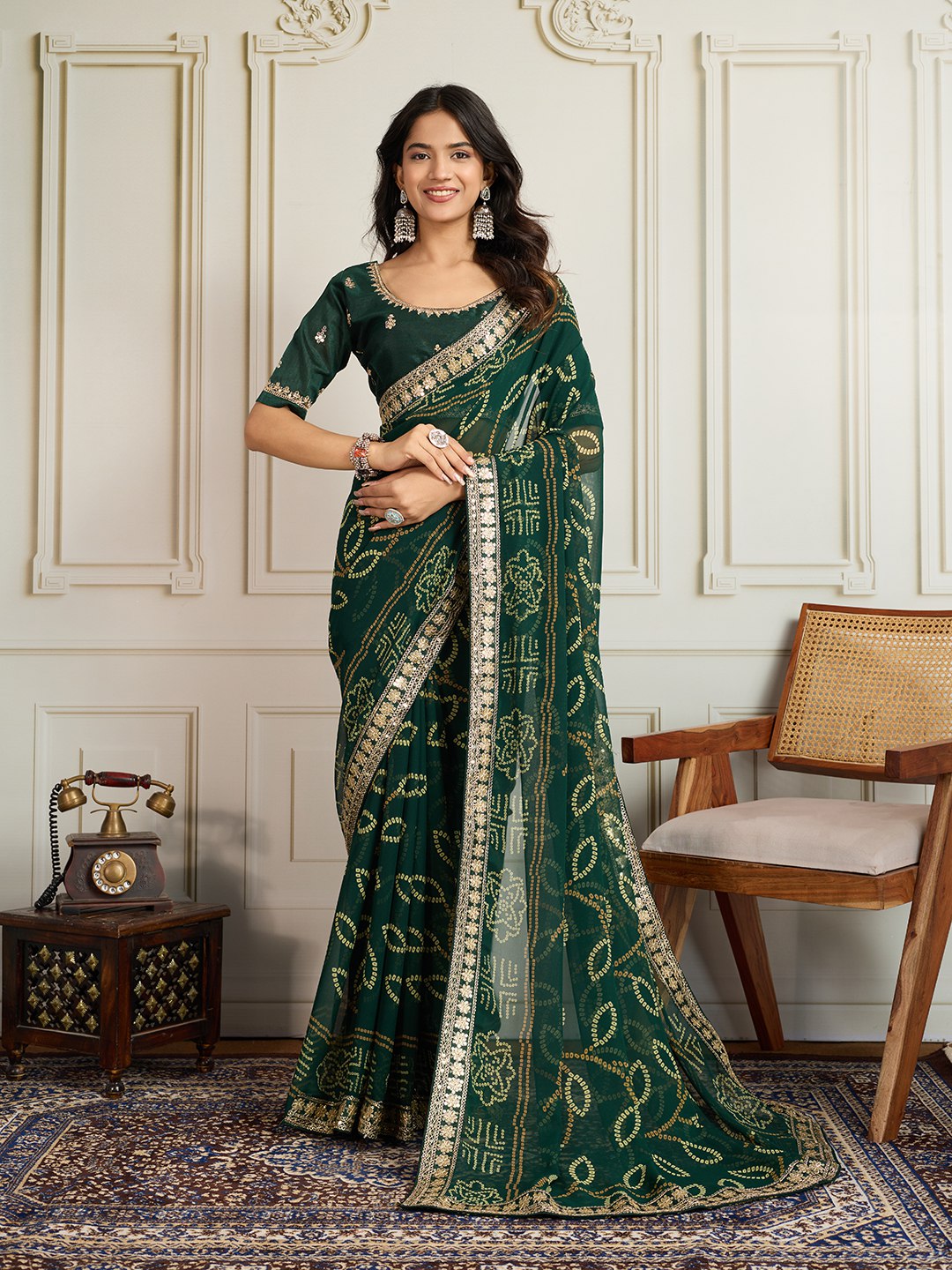 Green Rajwadi Bandhej Printed Georgette Saree