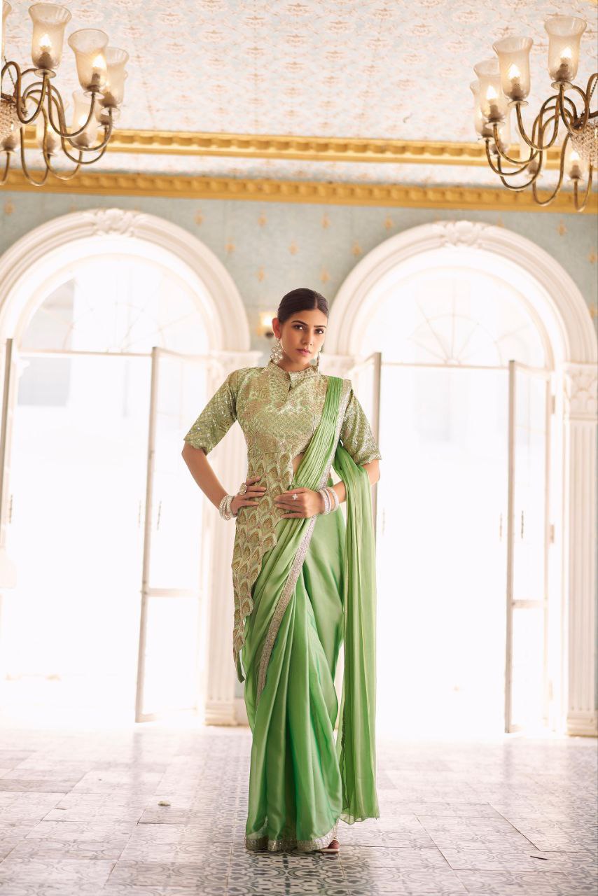 Green  Ready Made Chinon Silk Saree