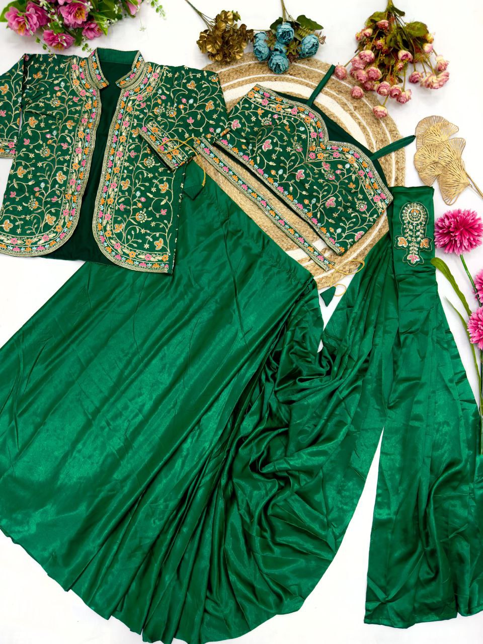 Green Ready To Wear Diamond Satin Silk Saree
