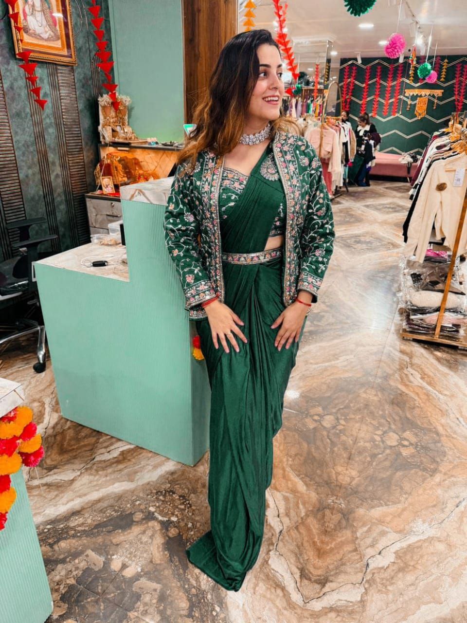 Green Ready To Wear Diamond Satin Silk Saree