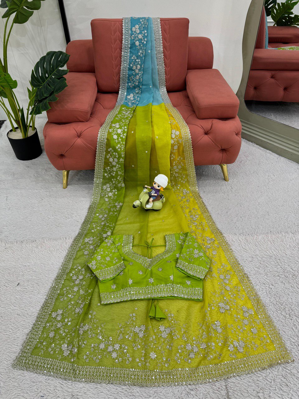 Green & Sky Party Wear Tabby Silk Saree