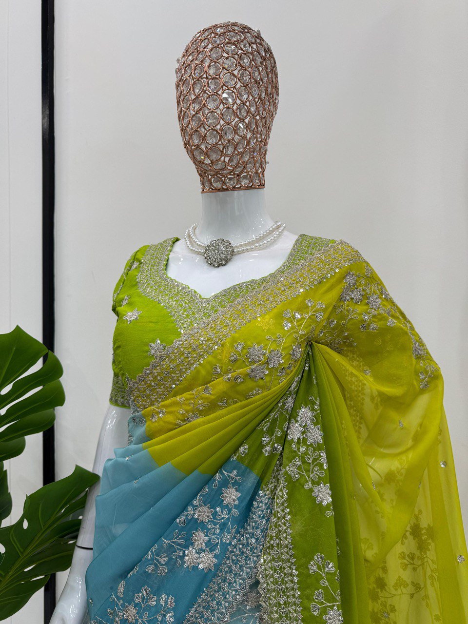 Green & Sky Party Wear Tabby Silk Saree