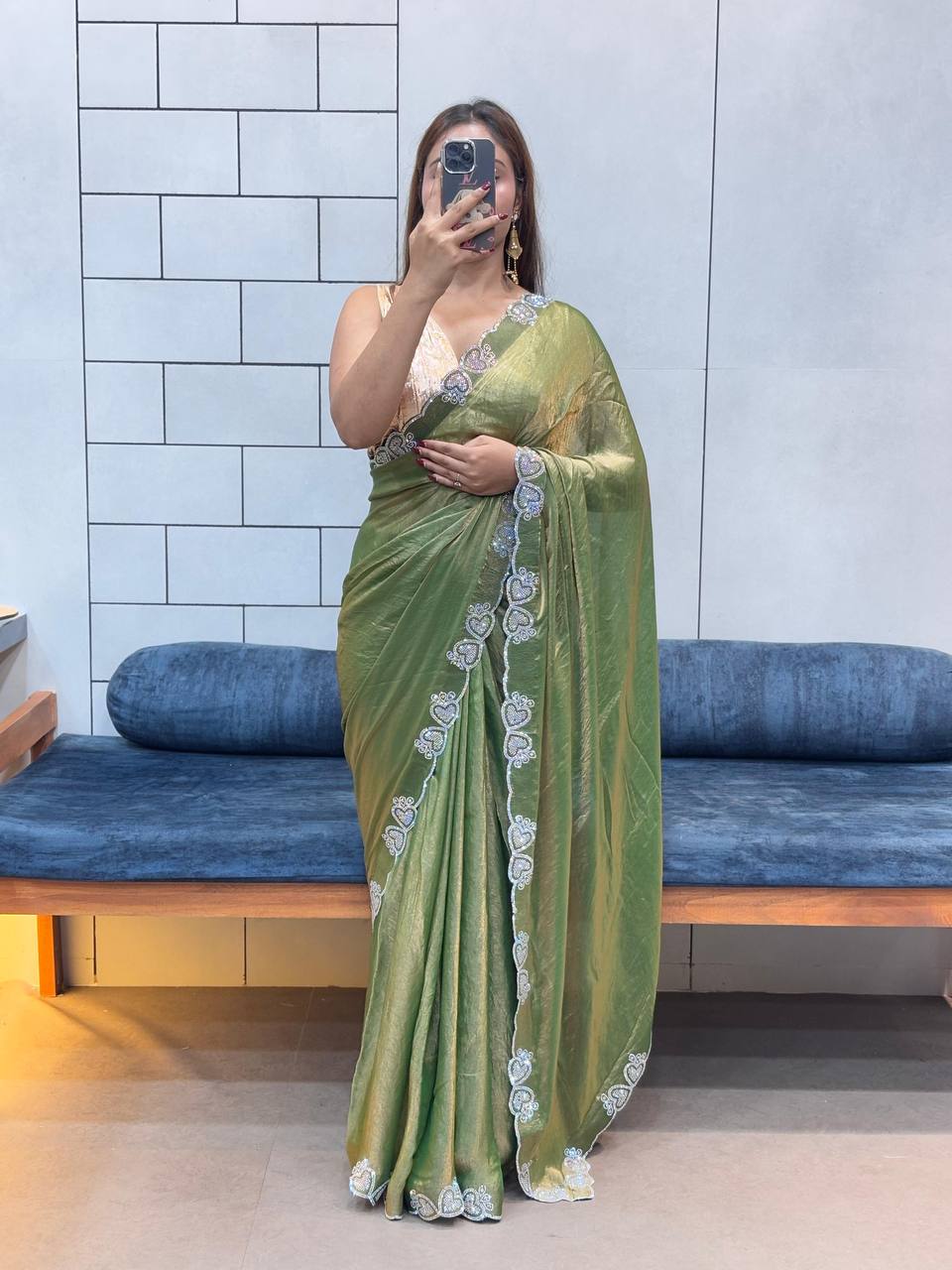 Green Stylish Diamond Work Space Silk Saree