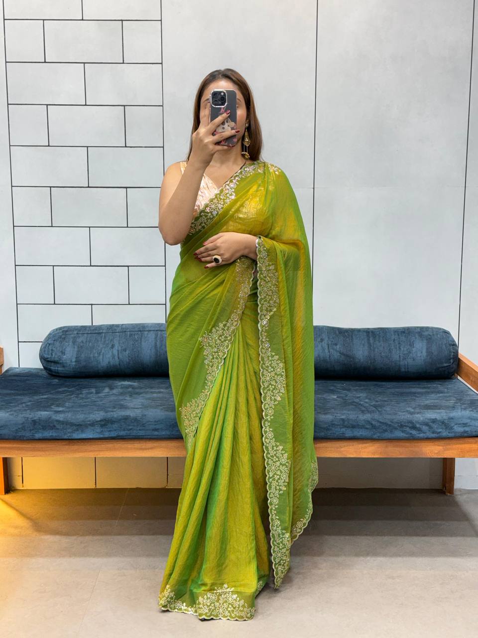 Green Two Tone Golden Moss Fendy Space Silk Saree