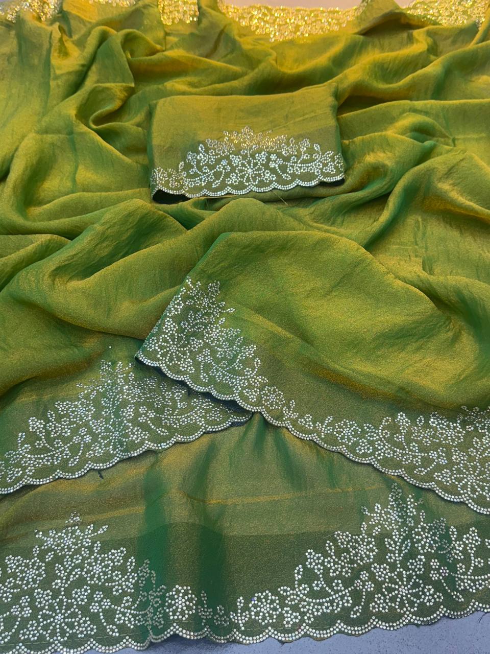 Green Two Tone Golden Moss Fendy Space Silk Saree