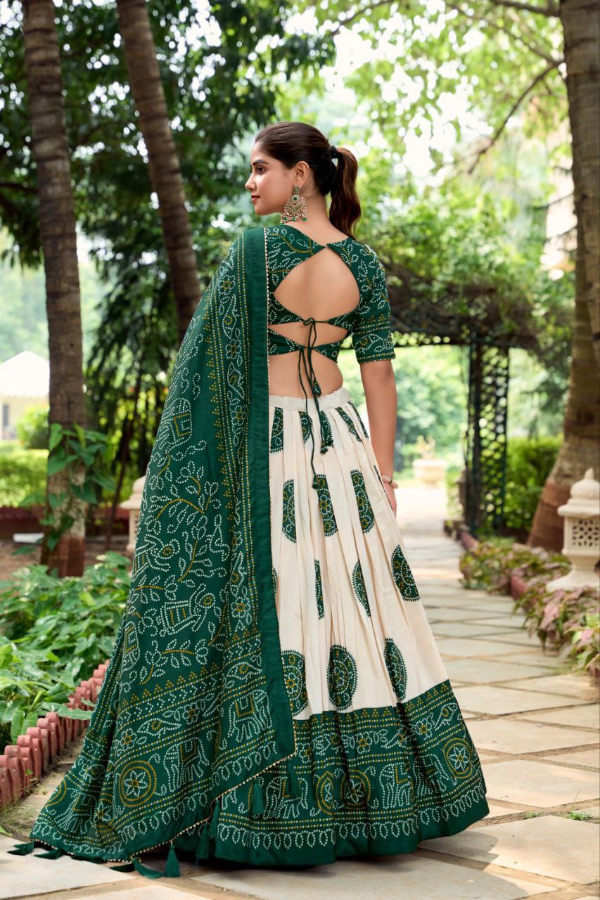 Green Wedding Wear Patola Printed Lehenga