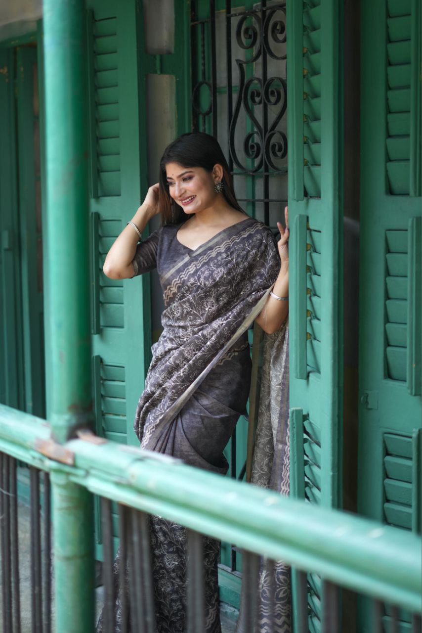 Grey Batik Printed Tussar Silk Saree