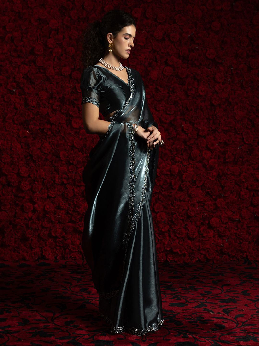 Grey Party Wear Tissue Chiffon Saree | 100% Original Saree