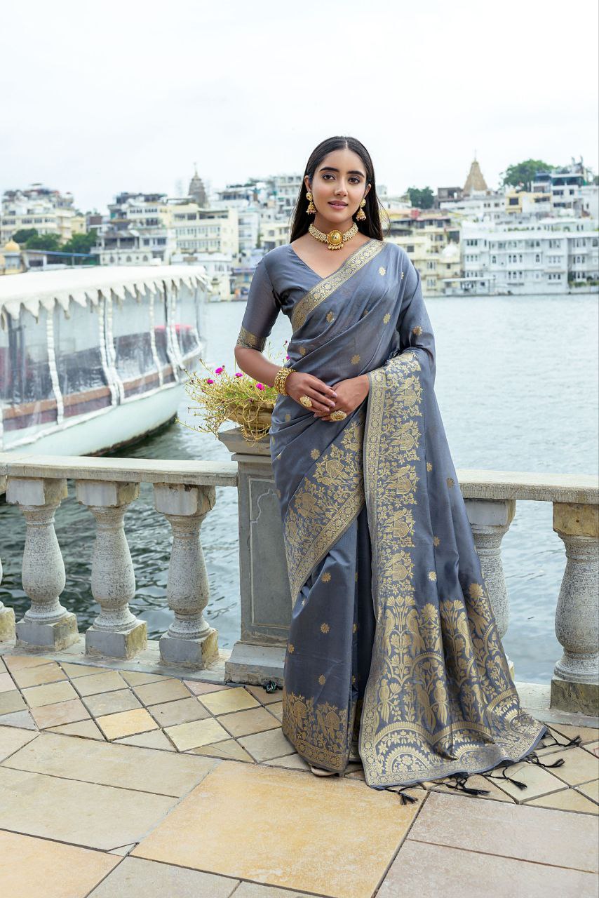 Grey Wedding Wear Soft Silk Saree