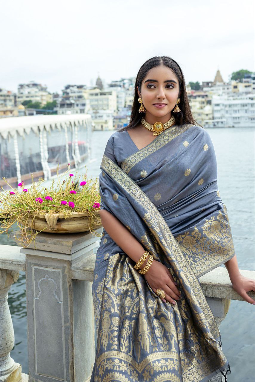 Grey Wedding Wear Soft Silk Saree