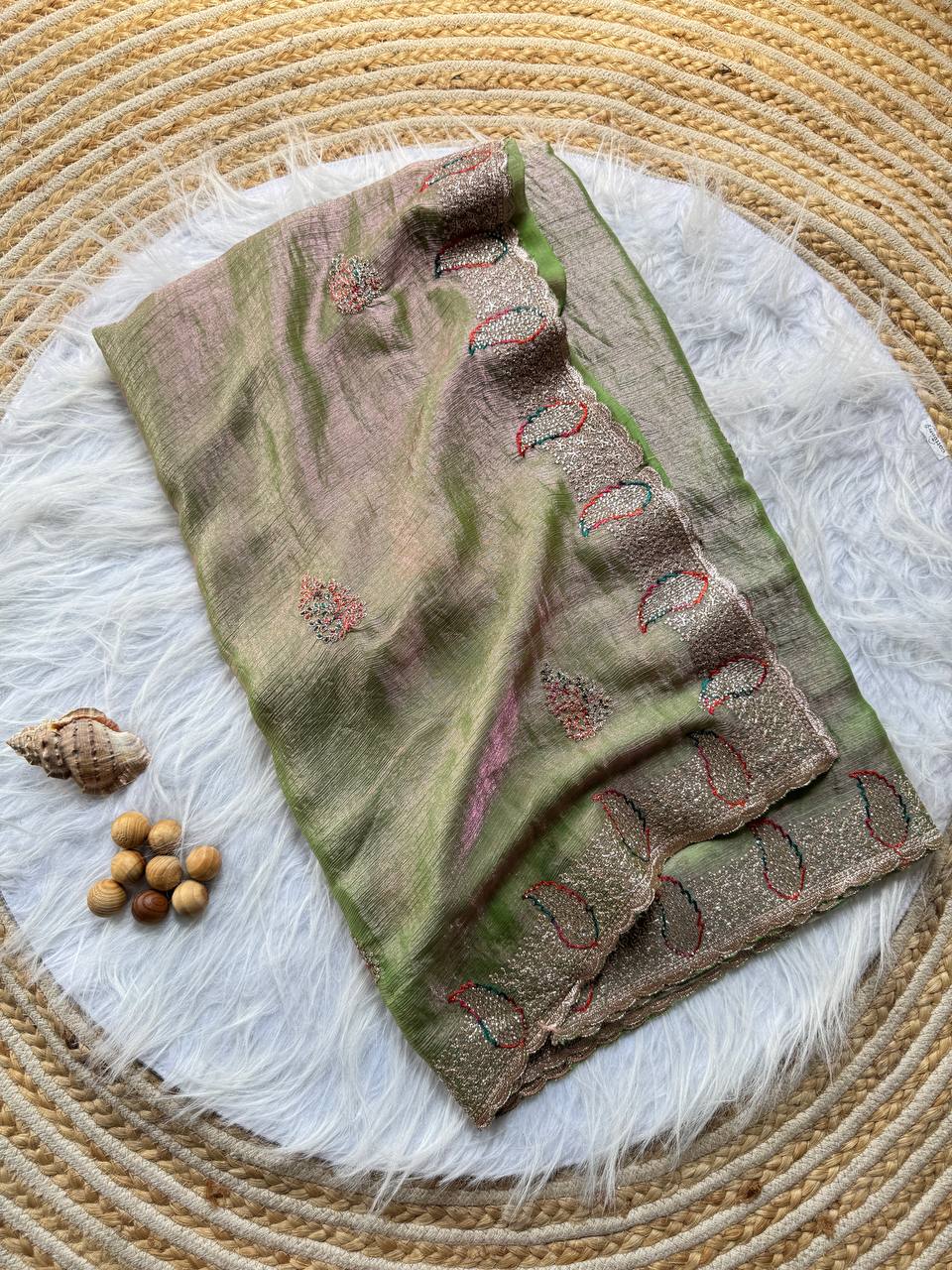 Hazel Green Party Wear Gold Silk Saree