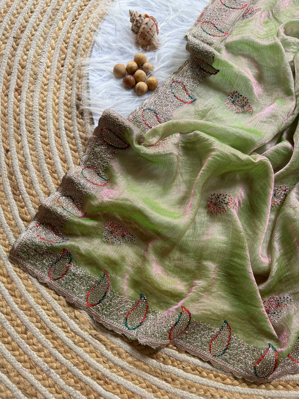 Hazel Green Party Wear Gold Silk Saree