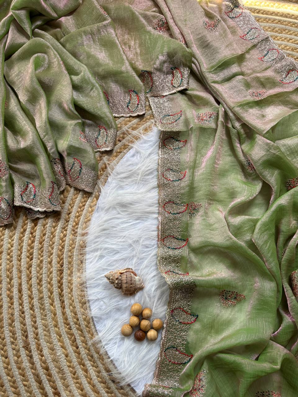 Hazel Green Party Wear Gold Silk Saree