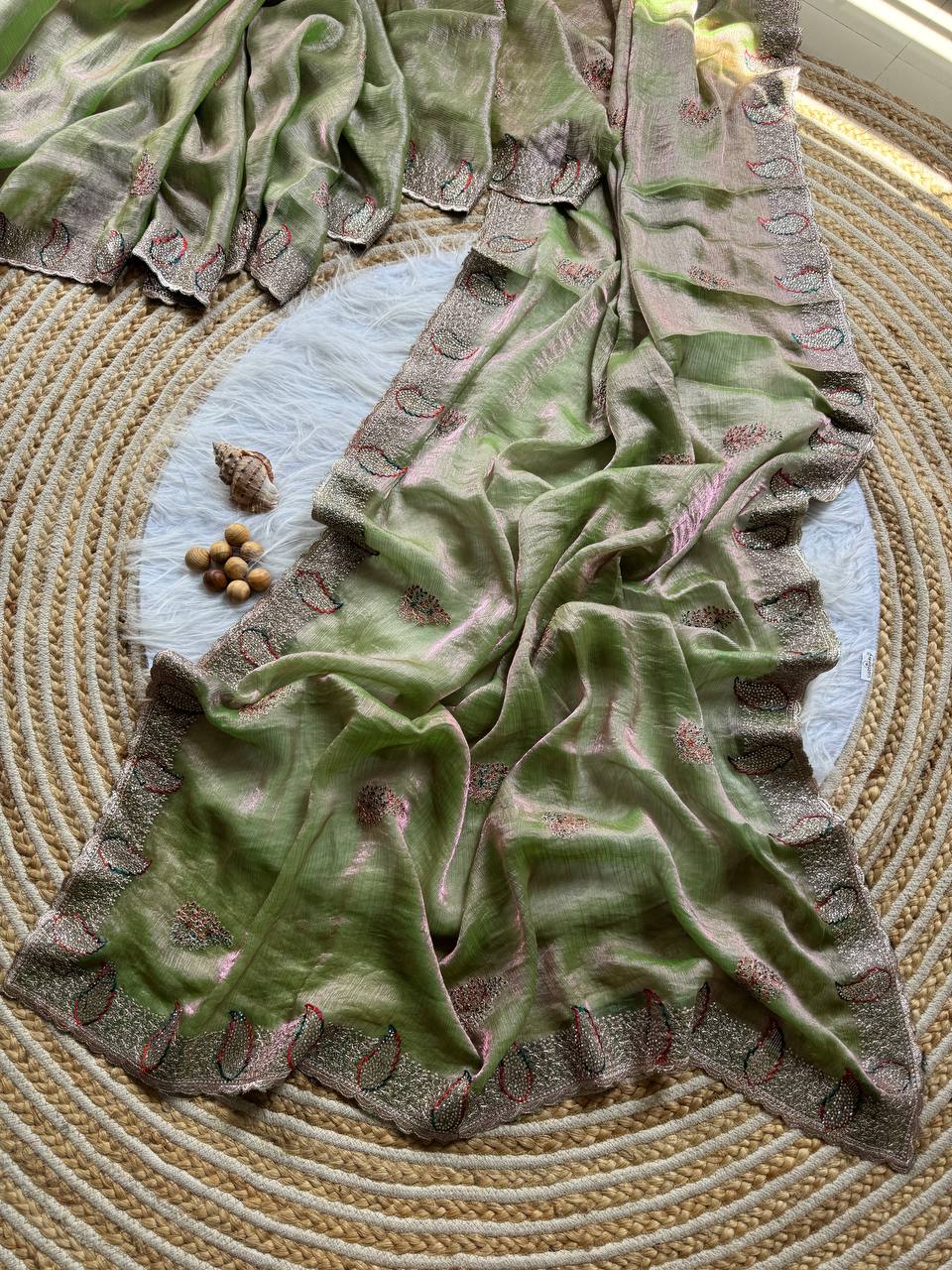 Hazel Green Party Wear Gold Silk Saree