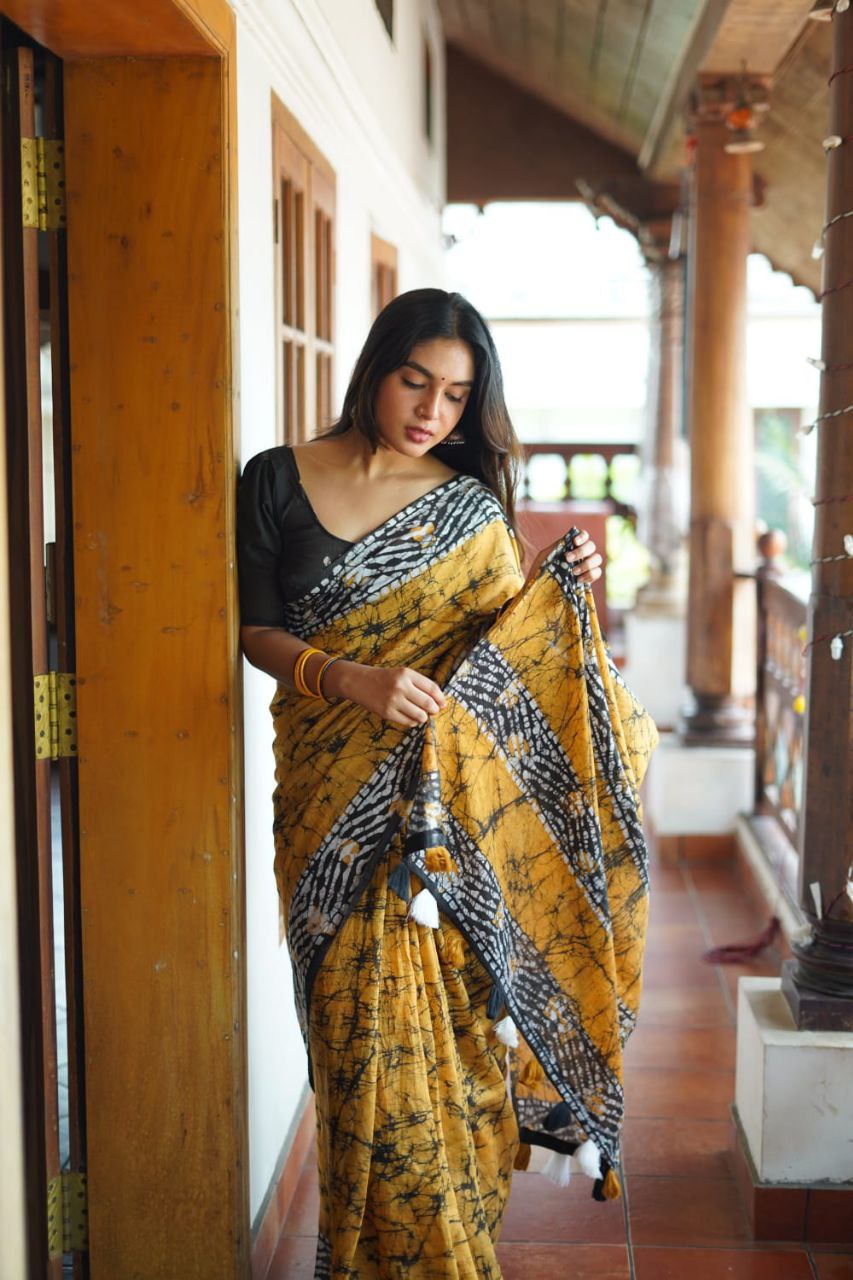 Indian Yellow Chanderi Cotton Saree