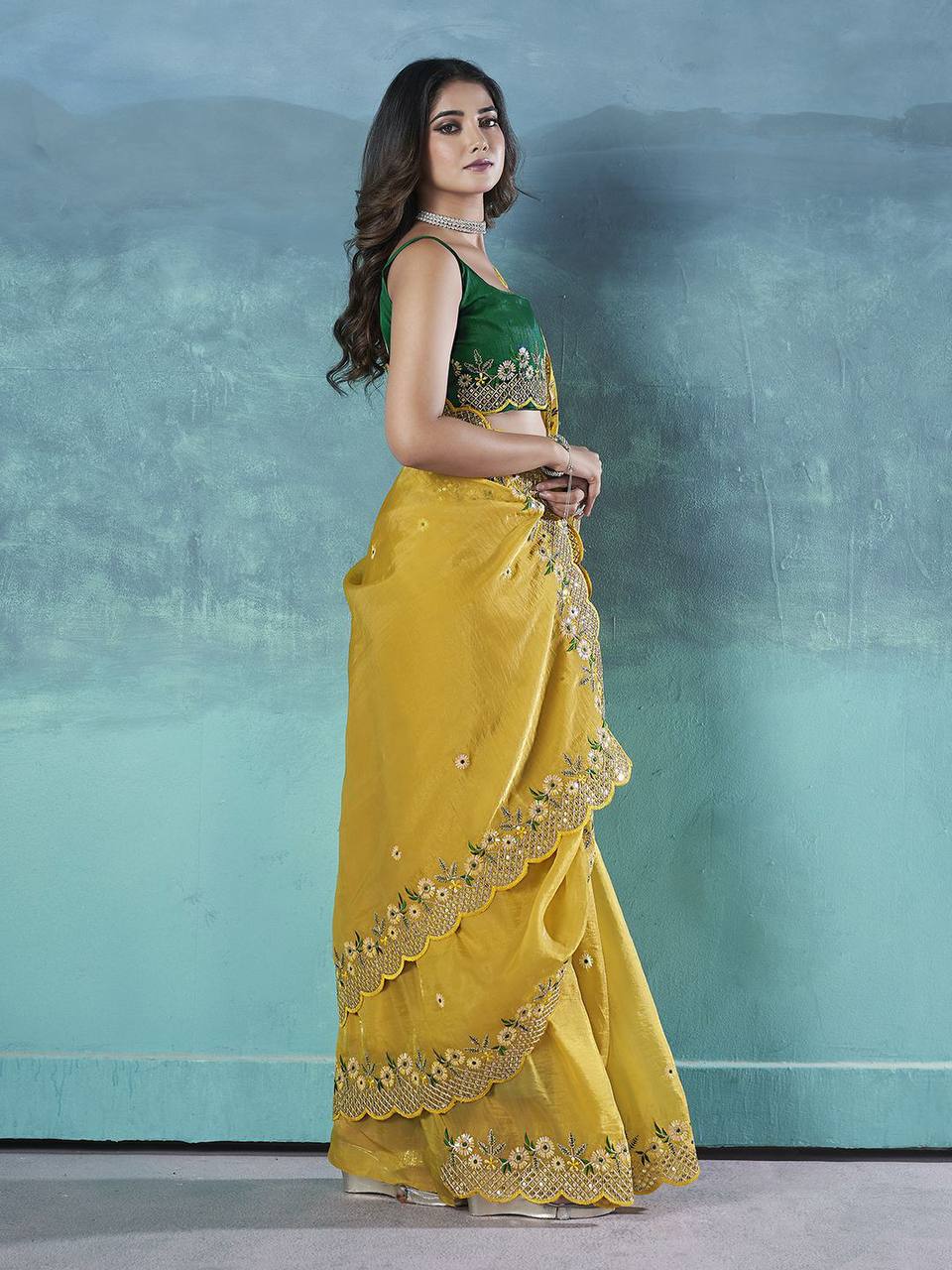 Indian Yellow Fancy Gold Crunchy Saree