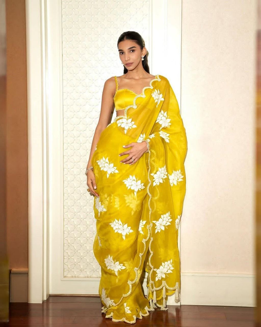 Indian Yellow Stylish Zimmy Choo Silk Saree | Clone Design