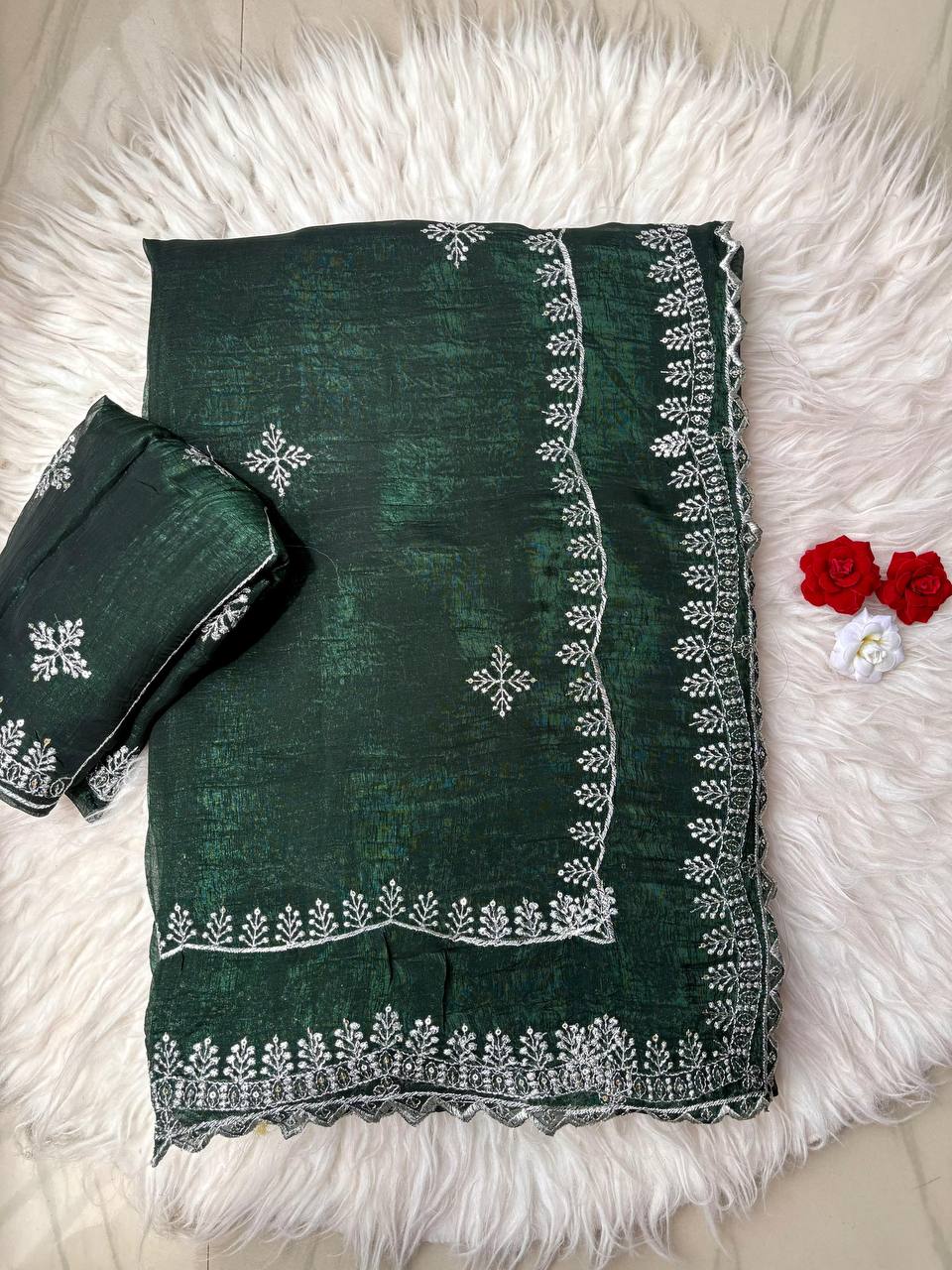Jungle Green Designer Crunchy Silk Saree