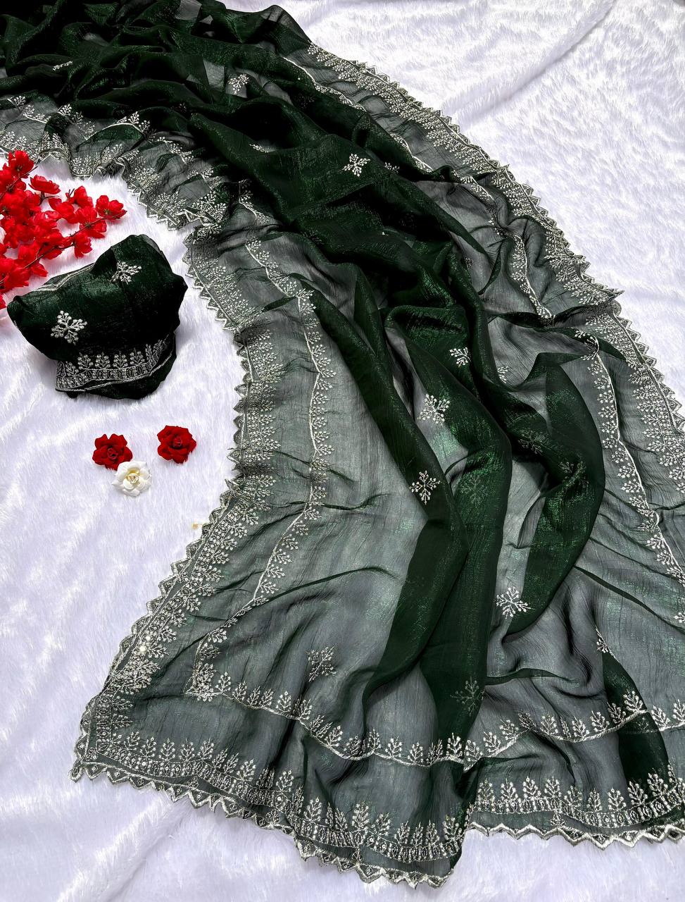 Jungle Green Designer Crunchy Silk Saree