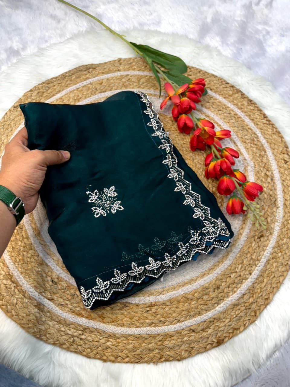 Jungle Green Party Wear Fandy Satin Silk Saree