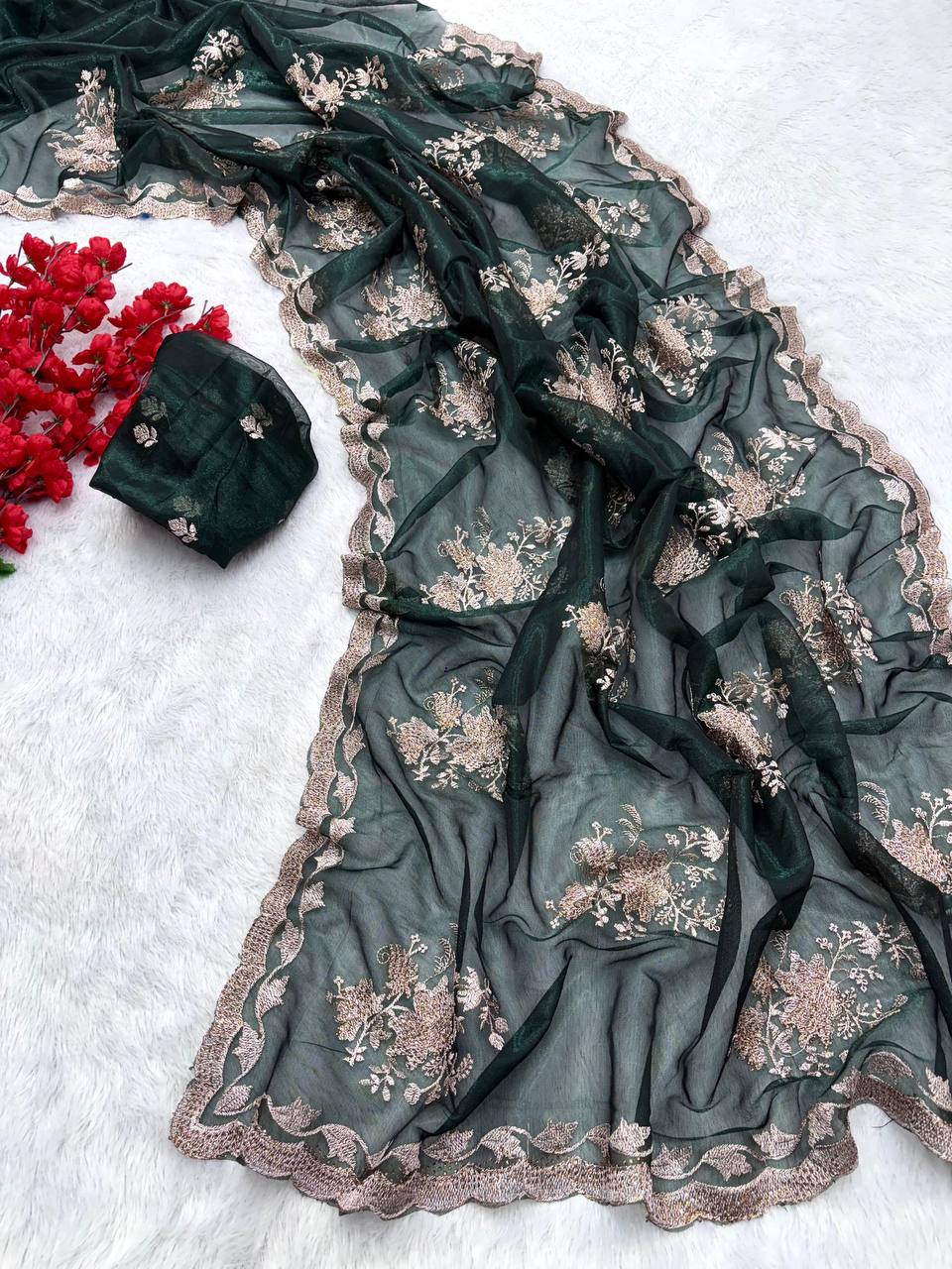 Jungle Green Party Wear Floral Embroidered Organza Saree