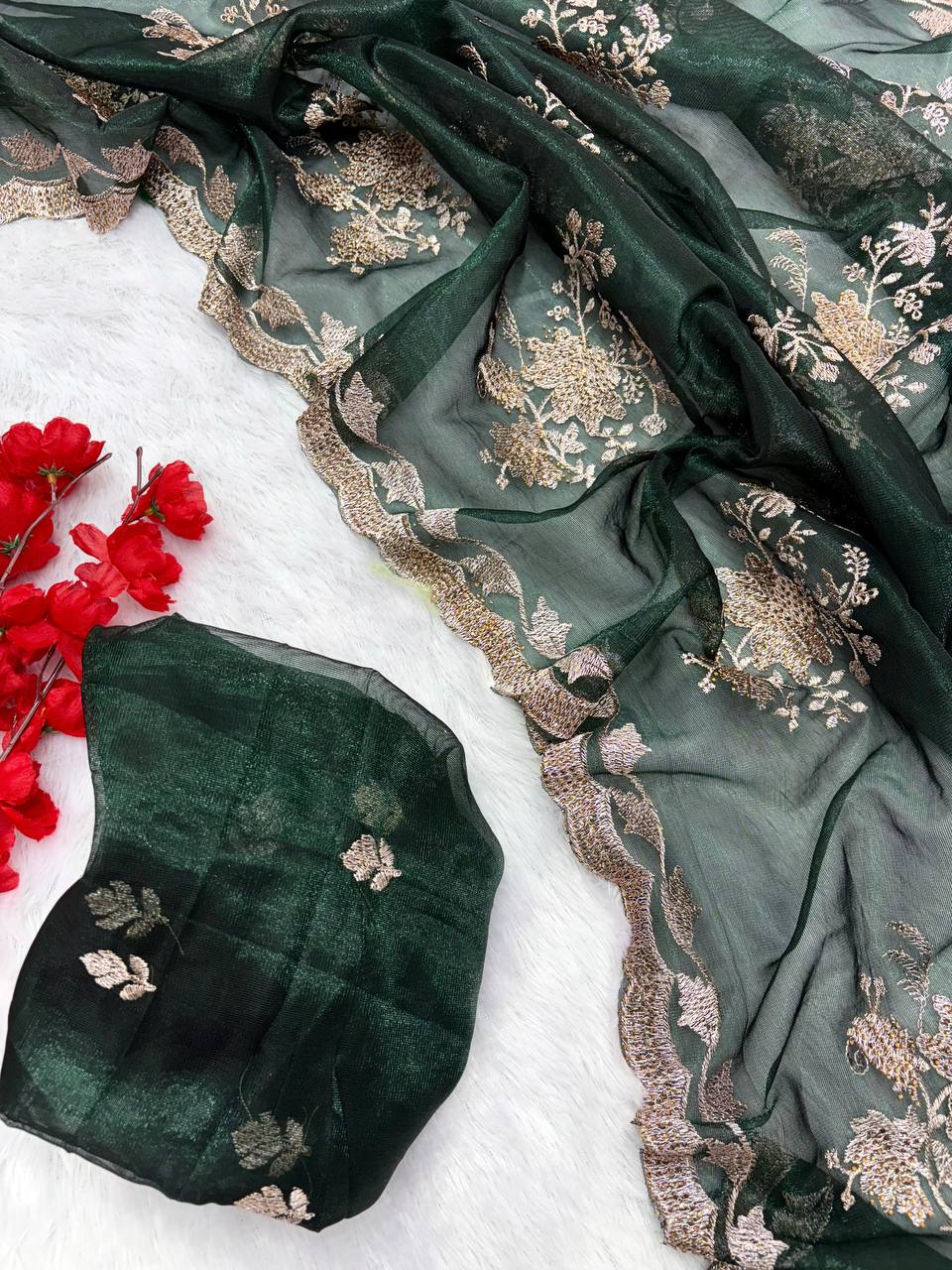 Jungle Green Party Wear Floral Embroidered Organza Saree