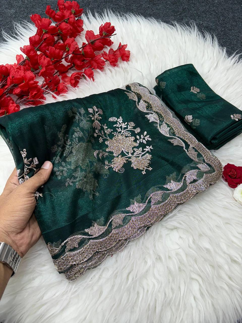 Jungle Green Party Wear Floral Embroidered Organza Saree