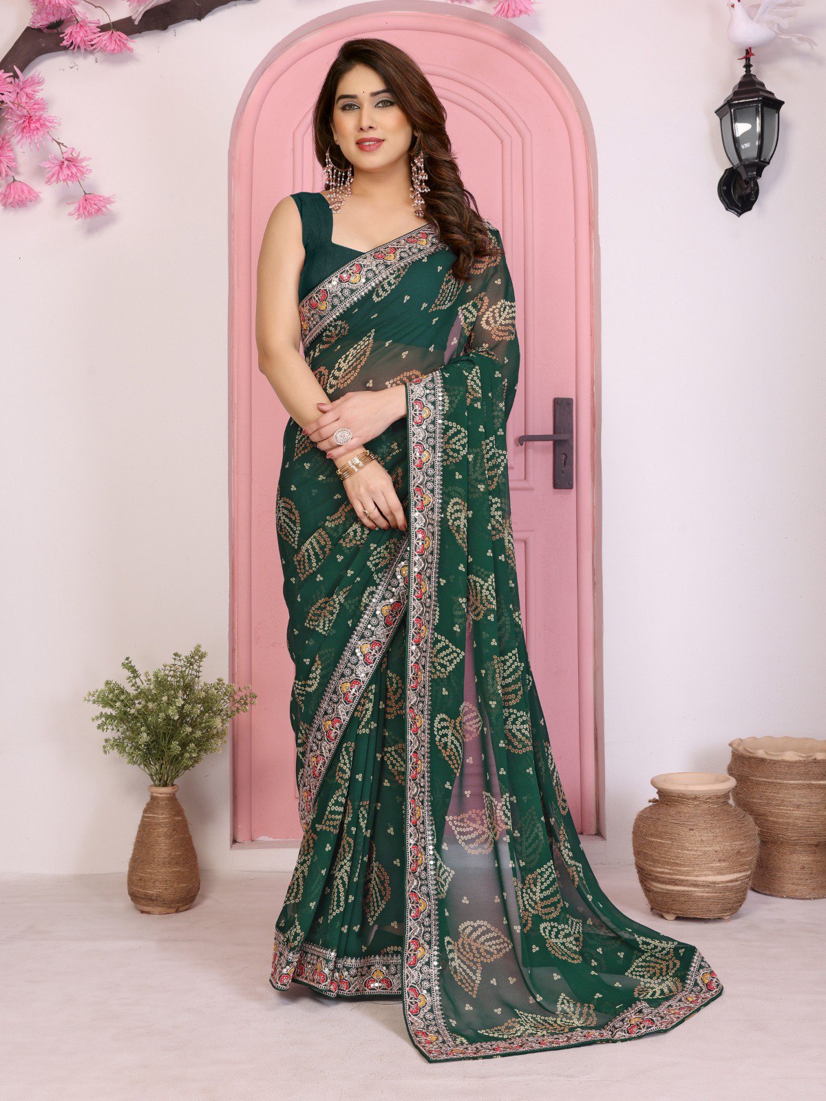 Jungle Green Rajwadi Bandhej Printed Georgette Saree