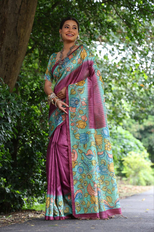 Kalamkari Printed Tussar Silk Saree