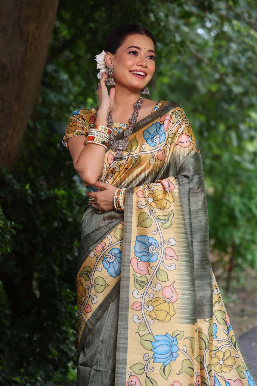 Kalamkari Printed Tussar Silk Saree