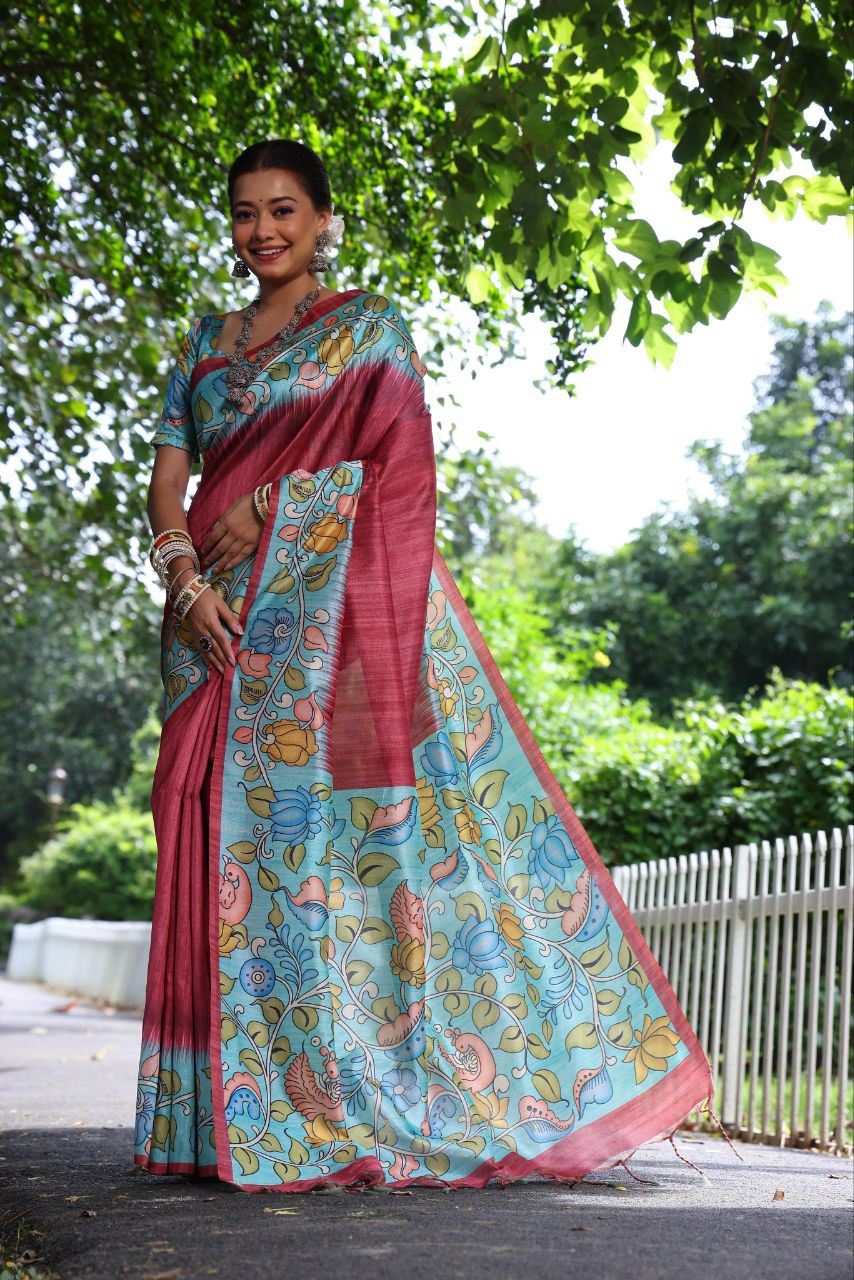 Kalamkari Printed Tussar Silk Saree