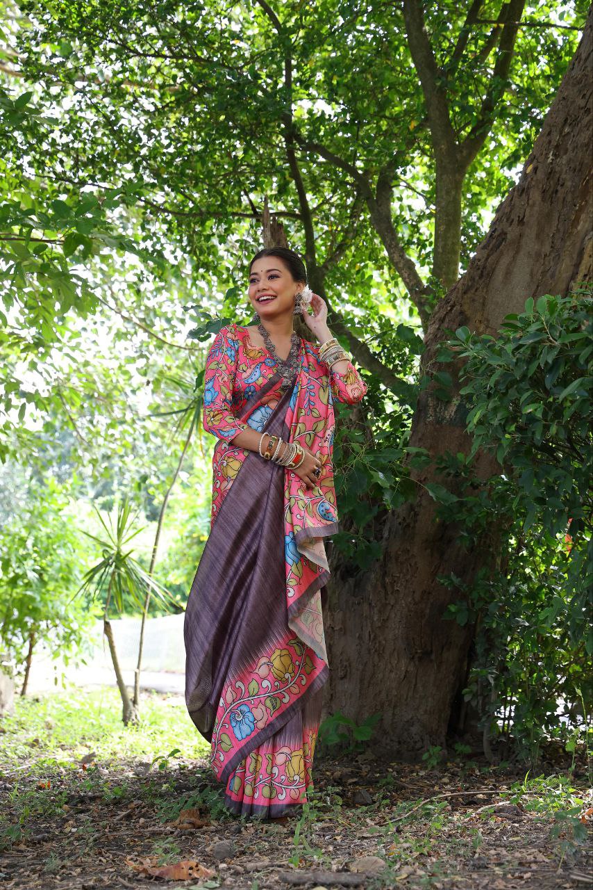 Kalamkari Printed Tussar Silk Saree