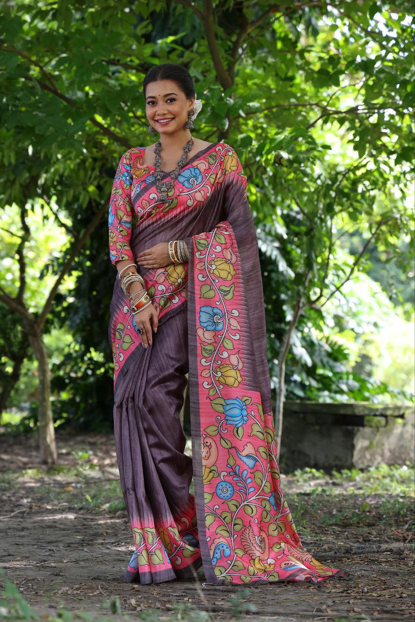 Kalamkari Printed Tussar Silk Saree