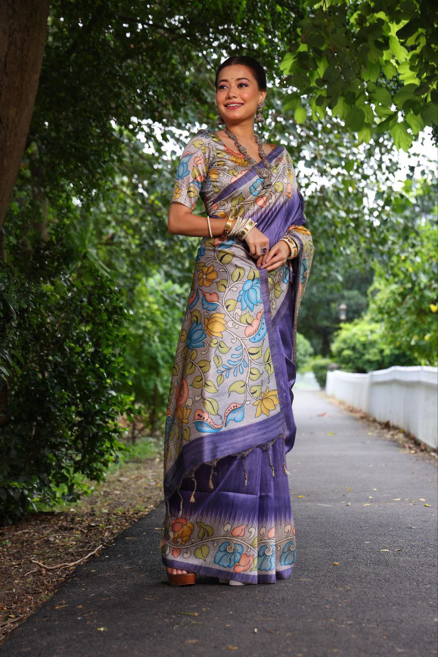 Kalamkari Printed Tussar Silk Saree