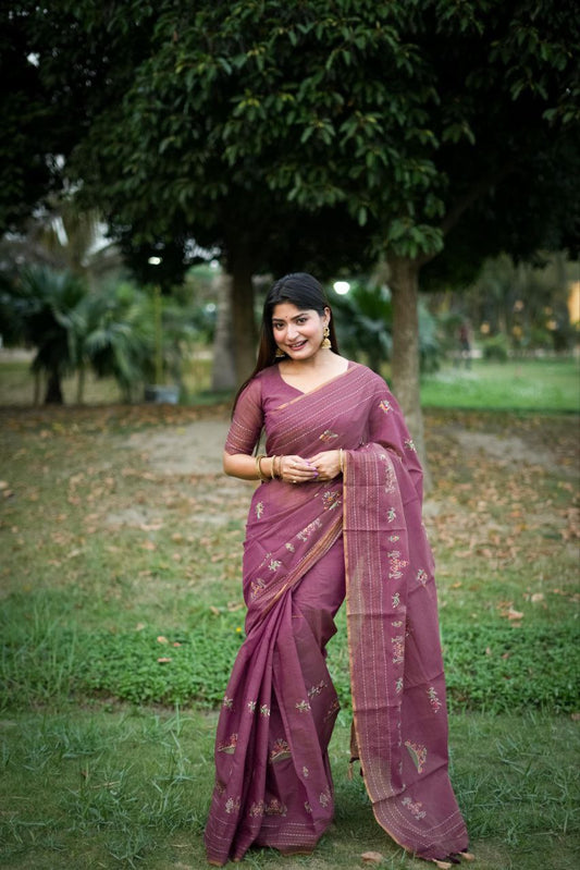 Wine Khadee Tussar Silk Saree