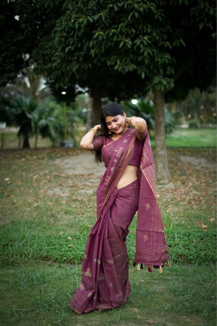 Wine Khadee Tussar Silk Saree