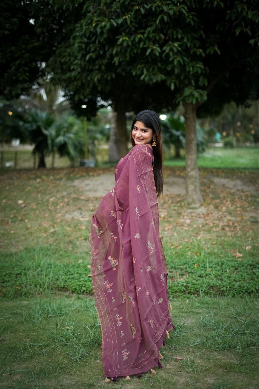 Wine Khadee Tussar Silk Saree