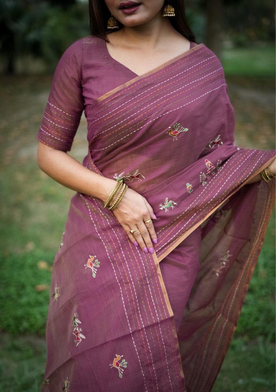 Wine Khadee Tussar Silk Saree