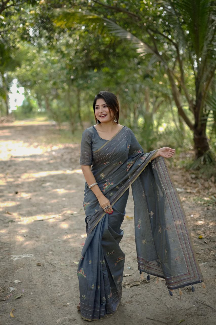 Gray Khadee Tussar Silk Saree