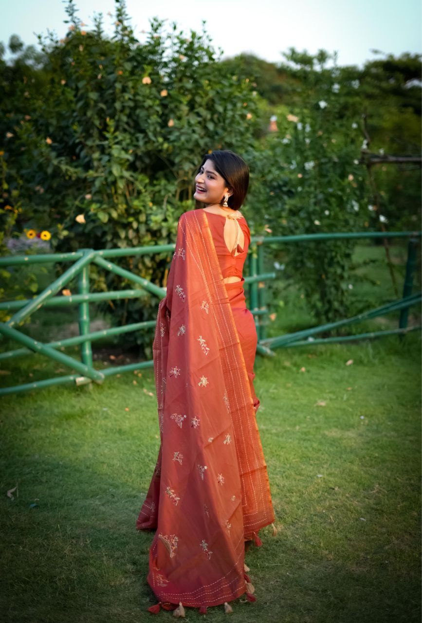 Brick Khadee Tussar Silk Saree