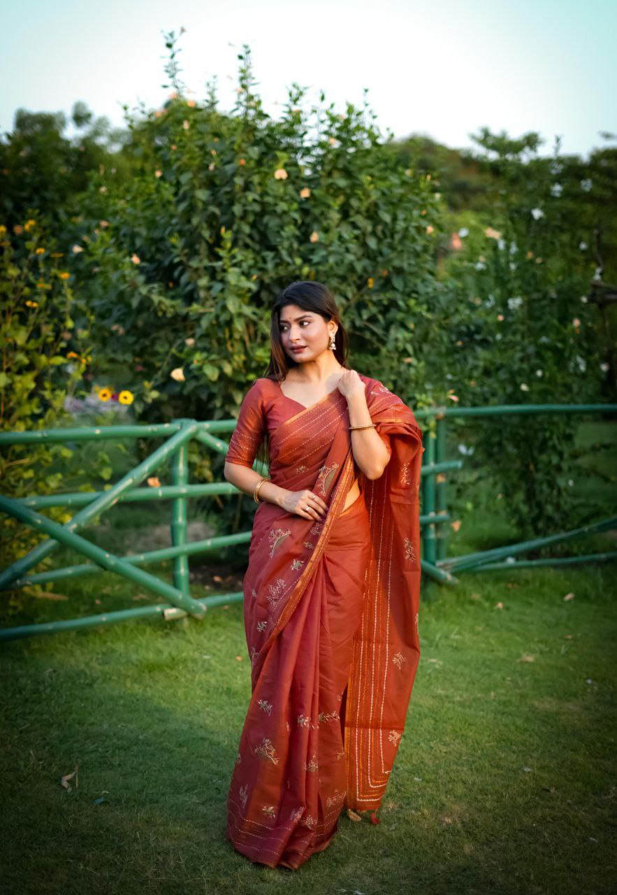 Brick Khadee Tussar Silk Saree