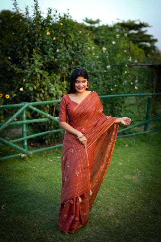 Brick Khadee Tussar Silk Saree