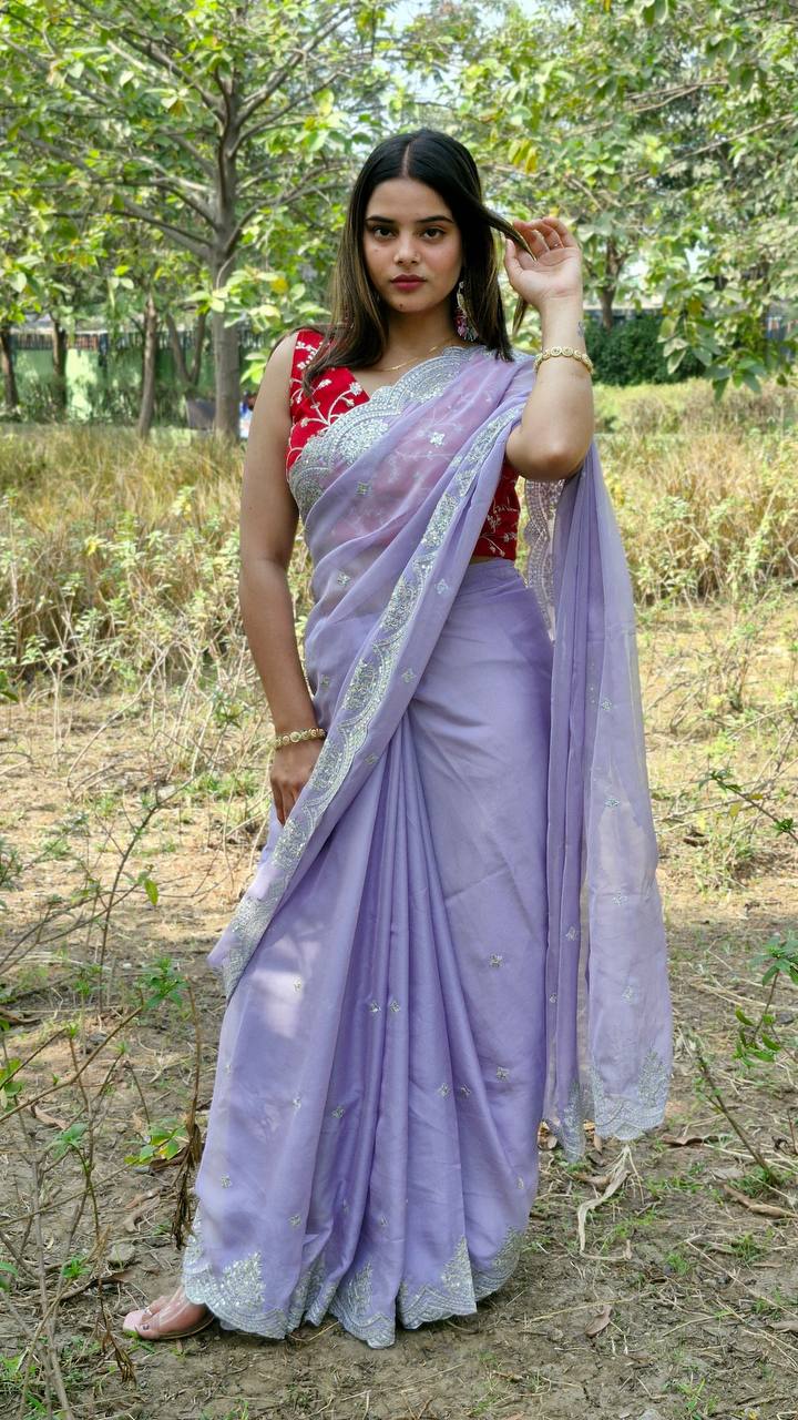 Lavender Bollywood Style Organza Saree
